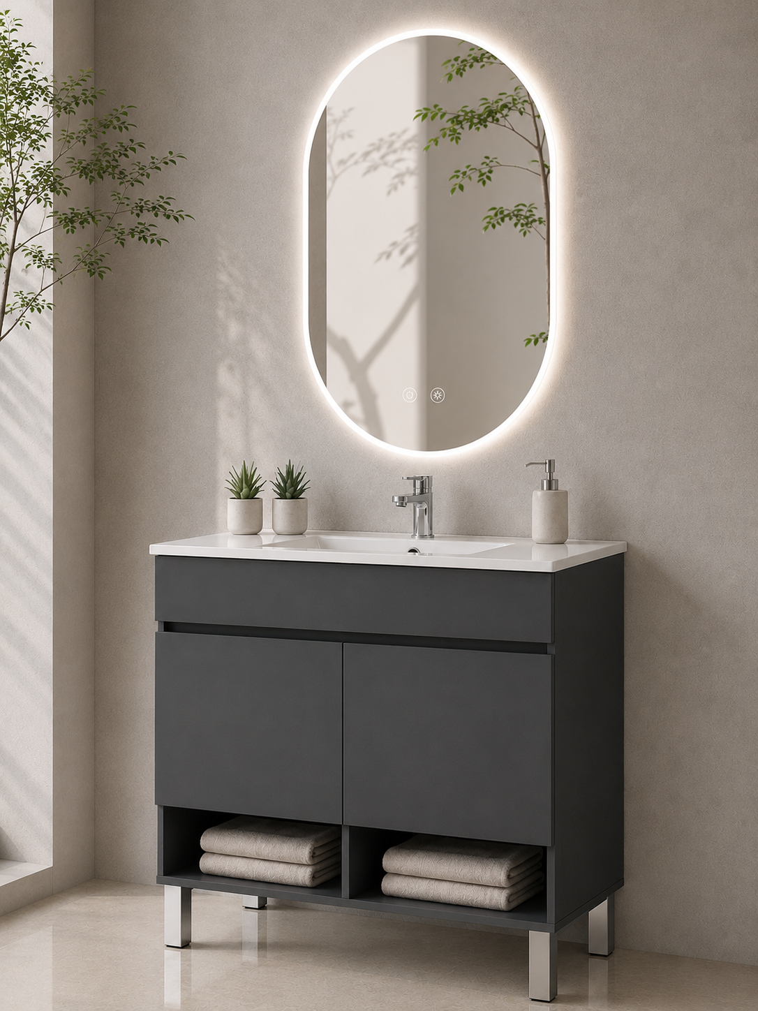 Móvel de casa de banho com pés NEBARI com portas e lavatório extraplano