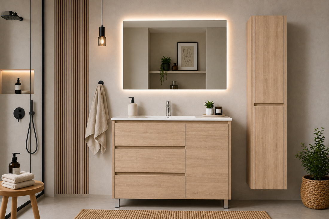 Conjunto de móvel de casa de banho VOLUM com lavatório + espelho LED + coluna de 140 cm + torneira monocomando – Estepa – 80/100/120 cm