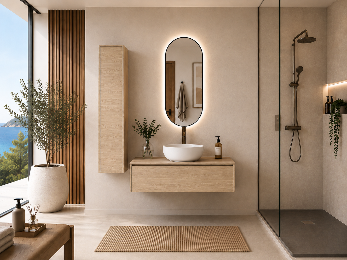 Mueble de baño con lavabo sobre encimera color estepa FORMENTERA