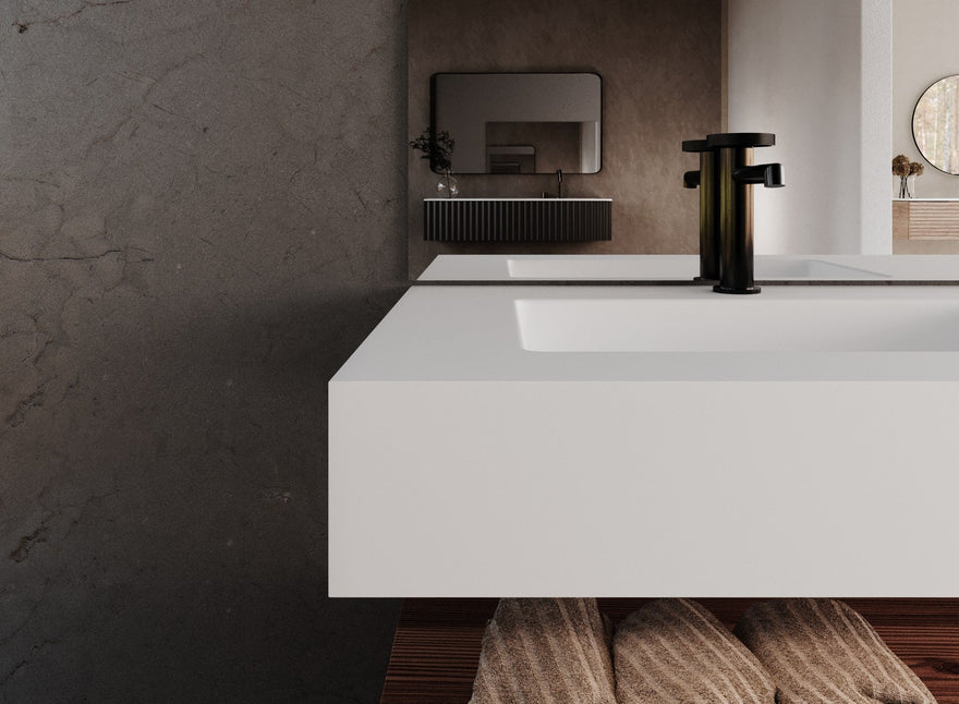 LEX Solid Surface tampo com 1 lavatório sob bancada, saia frontal até 12 cm