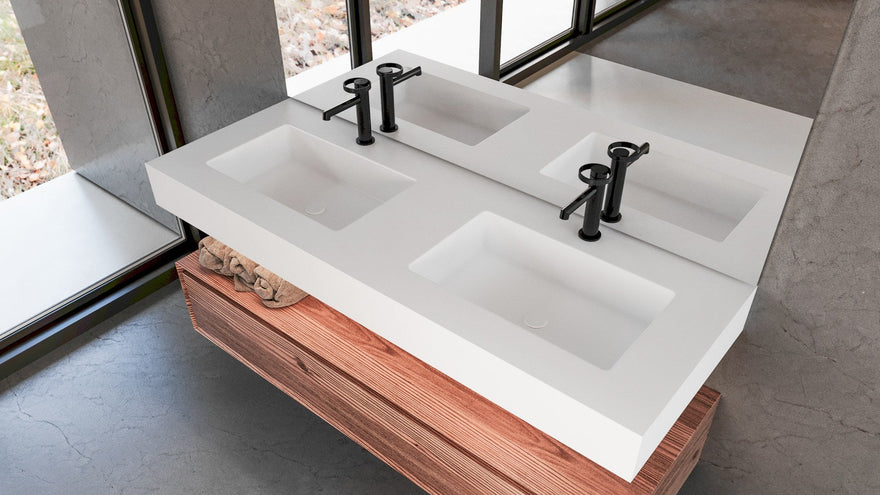 LEX Solid Surface tampo com 2 lavatórios sob bancada, saia frontal até 12 cm